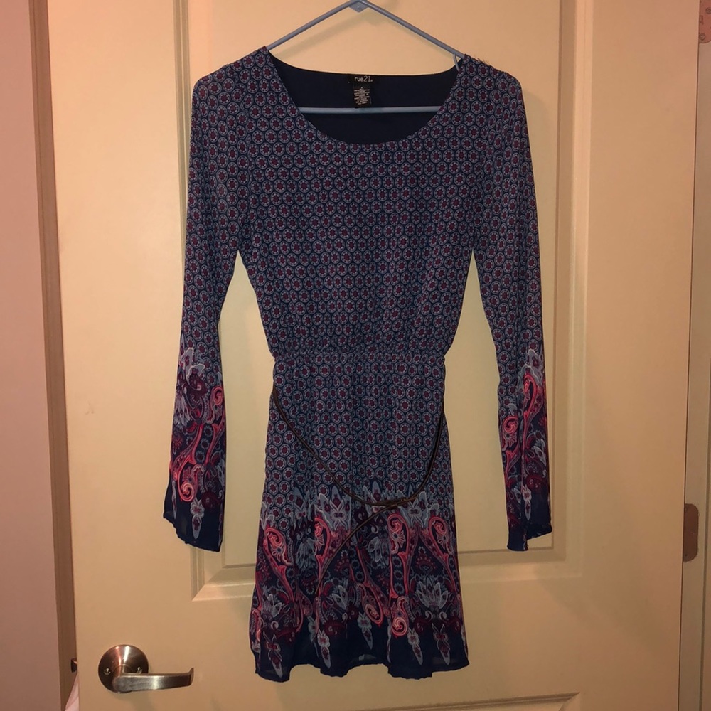 Paisley Printed Long Sleeved Dress with Belt